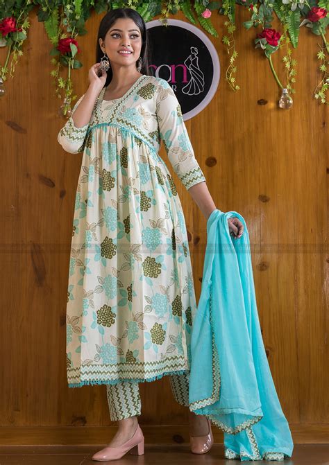 Floral Fantacy White Blue Anarkali Kurti Set – Monamaar