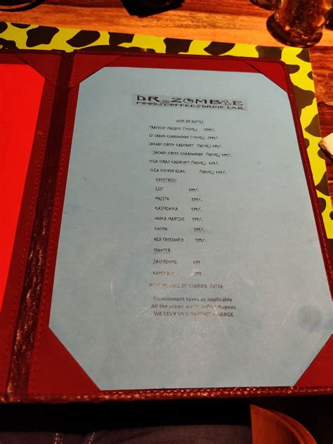 Menu at Dr.Zombie, New Delhi