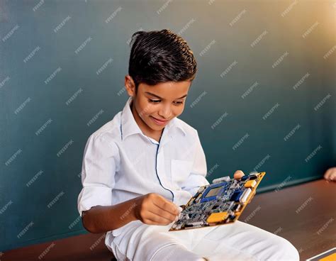 Young Asian children playing with tech kit in a vibrant background ...