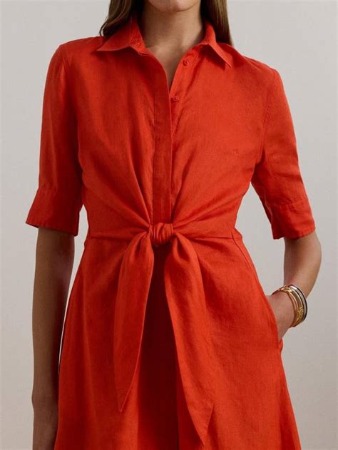 Lauren Ralph Lauren Wakana Tie Waist Linen Midi Shirt Dress