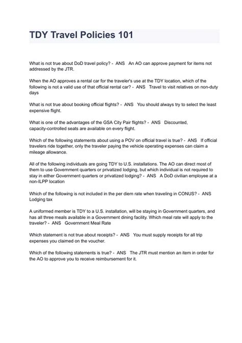 TDY Travel Policies 101 Exam Questions And Answers - Government Travel ...