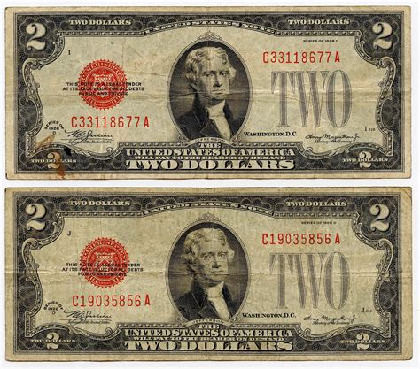 Lot - Pair $2 Dollar Red Seal Bills Series 1928 D