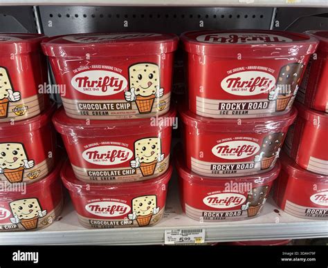 Containers of Thrifty brand ice cream on sale in a supermarket, Walnut ...