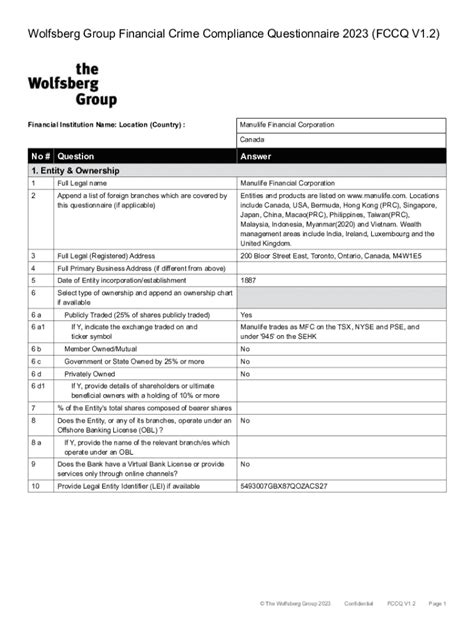 Wolfsberg Group Financial Crime Compliance Questionnaire 2023 - Blank ...