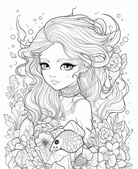 A girl with long hair and fish in her hands is surrounded by flowers ...