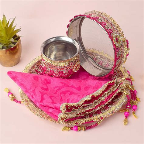 Buy Pink Embroidery Karwa Chauth Thali Set 11 Pc Kit | Satvikstore.in ...