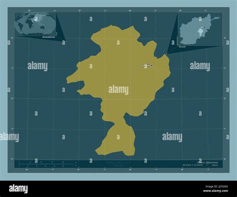 Ghazni, province of Afghanistan. Solid color shape. Locations and names of major cities of the ...