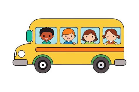 Schulbus-Abenteuer Kinder steigen in den Bus und fahren darauf Vektor ...