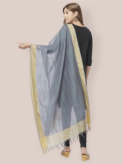 Grey Cotton Silk Dupatta with Gold Border. Dupatta Bazaar