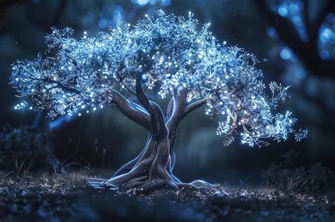 A holographic tree with branches and leaves made of shimmering light ...