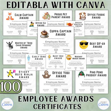 Funny Editable Employee Awards Certificates, Canva Template, Employee ...