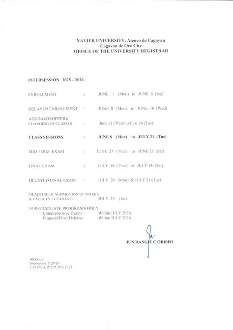 Xavier University - Higher Education School Calendar