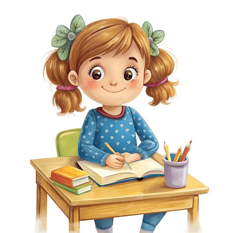 Cute Girl Studying At Her Desk With Books And Pencils Clip Art ...