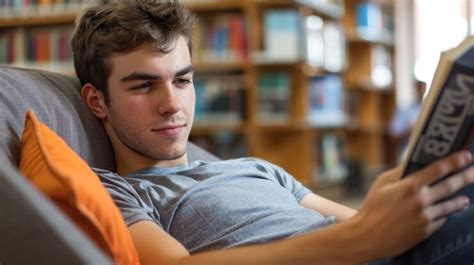 A male college student reading a book in a quiet library corner ...