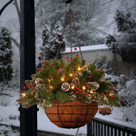 20" Glittery Mountain Spruce Hanging Basket with LED Lights, Green ...