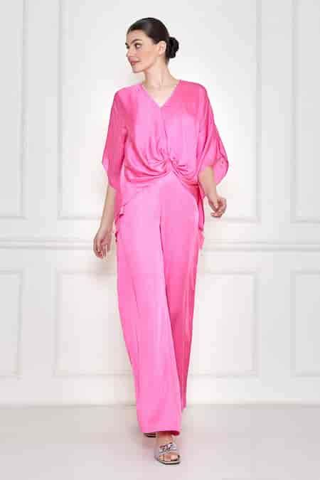 Buy Pink Cotton Satin Pearls, Feathers V-neck Draped Kaftan With ...
