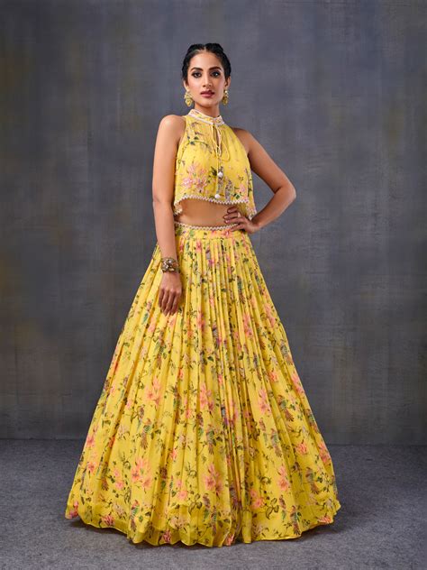 Yellow Pleated Lehenga With Halter-Neck Top – Tirumala Designers