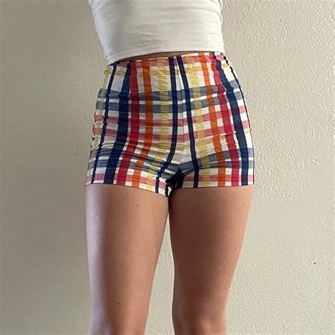 Vintage plaid shorts - high waisted - textured... - Depop