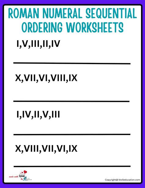 Roman Numeral Sequential Ordering Worksheets for Grade 3