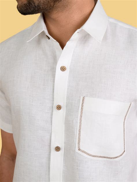 Clint - Pure Linen Pocket Detailed Half Sleeve Shirt - White | White ...
