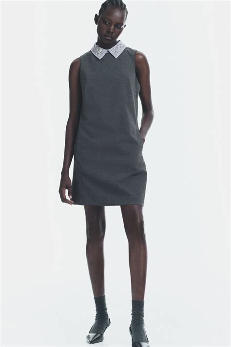 Embellished-collar A-line dress - Dark grey marl - Ladies | H&M IN