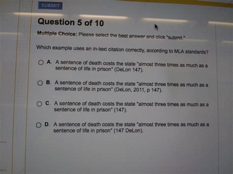 what example uses an in text citation correctly. according to MLA standards - brainly.com
