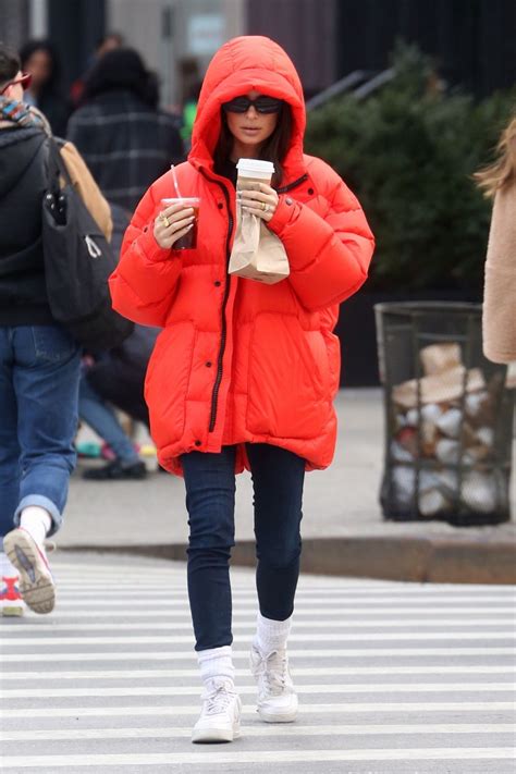 Emily Ratajkowski in Bright Red Puffer Coat 01/23/2020 • CelebMafia
