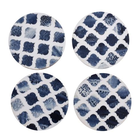 Wooden And Resin Blue Moroccan Pattern Coasters In Set Of 4