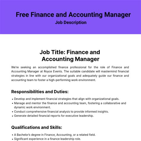 Free Finance and Accounting Manager Job Description Template to Edit Online
