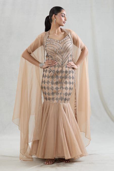 Buy Beige Organza Embroidered Beads V- Neck Elanor Gown With Cape For ...