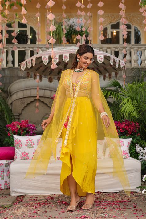 Amber Yellow Moti Work Crop Top With Skirt And Cape – Aari Tari