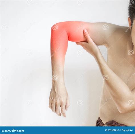 Pain in the Upper Arm of Asian Young Man. Concept of Elbow and Forearm Pain, Injury or Muscle ...