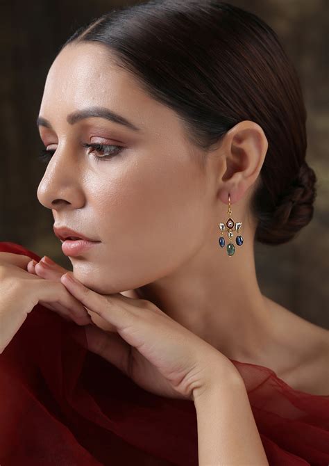 Dopehri Red Meenakari Lotus Fish Hook Earrings – Vamika Silver, Jaipur