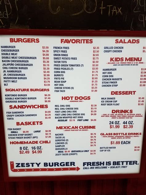 Menu at Zesty Burger fast food, Lufkin
