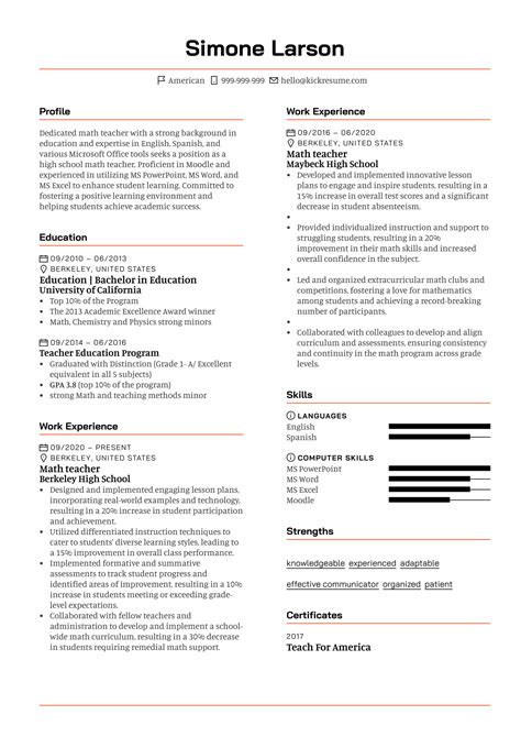 High School Math Teacher Resume Sample | Kickresume