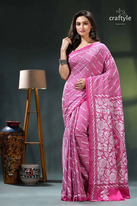 Royal Fuchsia and White Silk Kantha Stitch Saree – Craftyle