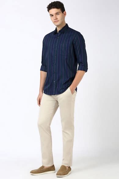 Peter England Casuals Casual Shirts, Men Navy Slim Fit Stripe Full ...