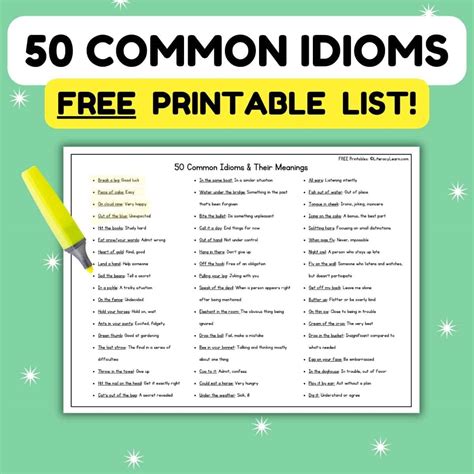 50 Common Idioms & Their Meanings: FREE Printable - Literacy Learn