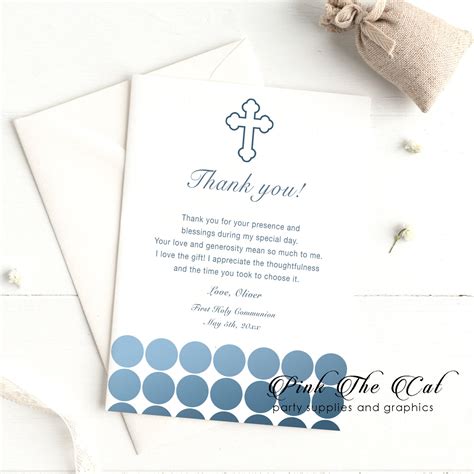 First holy communion thank you card blue dots boy printable - Pink ...