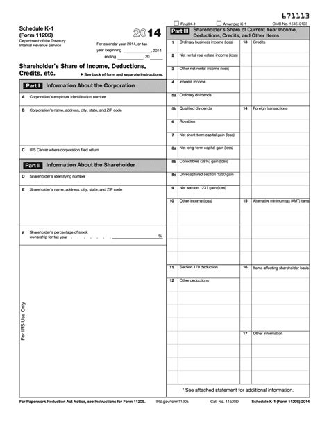 2014 Form IRS 1120S - Schedule K-1 - Blank Fillable Template | Fill Out ...