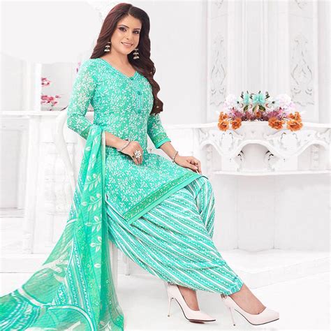 Turquoise Floral Printed Crepe Patiala Dress Material