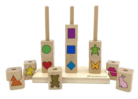 Buy Wooden Puzzle Stacking Rings Educational Toy Shapes Colors Animals ...