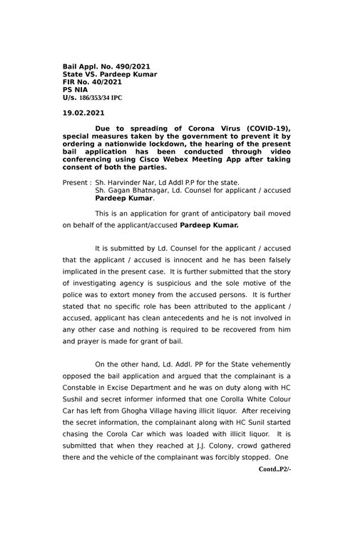 Display pdf - Bail Appl. No. 490/ State VS. Pardeep Kumar FIR No. 40 ...