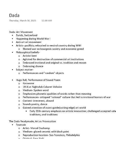 Dada - Lecture notes on Dada movement - Dada: Art Movement Zurich, Switzerland Happening during ...