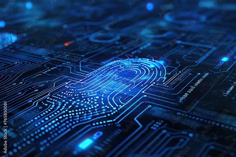 Blueprint with binary code patterns forming the outline of a fingerprint, symbolizing the ...