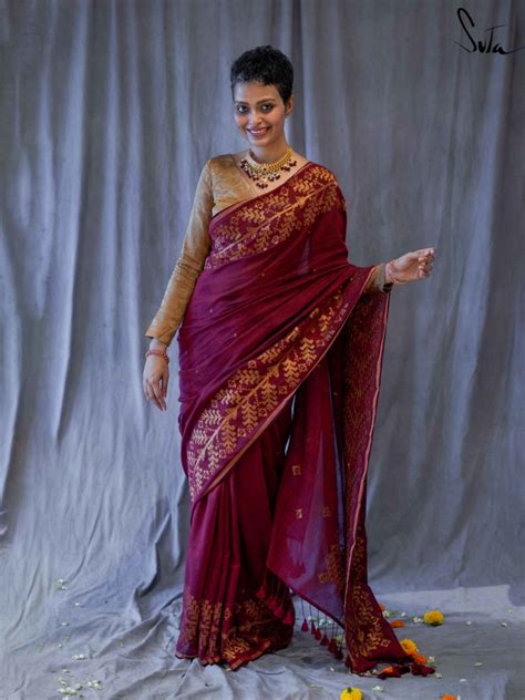 Maroon Jamdani Mulmul Cotton Saree|Nargis Ki Muskaan|Suta