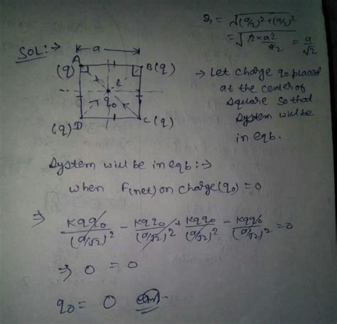 Four identical charges each 'q' are placed at four vertices of a square ...