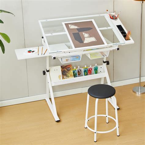 Buy Glass Drafting Table with Stool, Height Adjustable Drawing Table ...