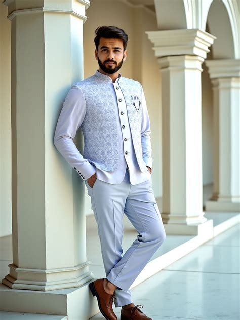 Sky Jacquard Self Design With Open Jacket Style Bandhgala Set – De ...