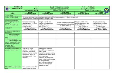 Image result for Grade 7 12 Daily Lesson Log